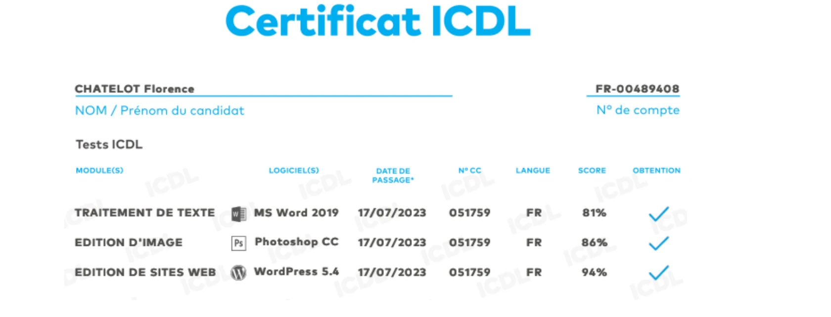 Certificat ICDL de Florence Chatelot — Traitement de texte (81%), Édition d'image Photoshop (86%), Édition de sites web WordPress (94%) — juillet 2022
