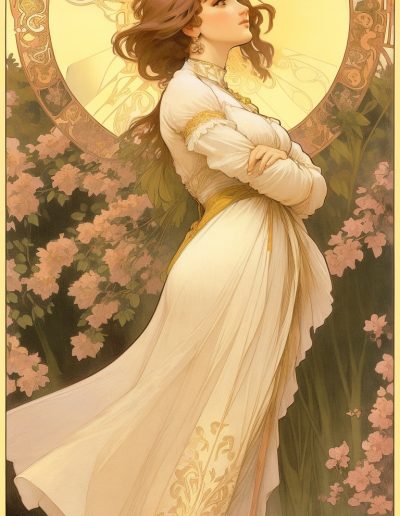 DreamShaper v6 a woman in a park by Alphonse Mucha 1