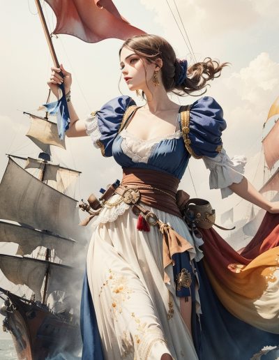 DreamShaper v6 woman long dress pirate flag ship war watercolo 2