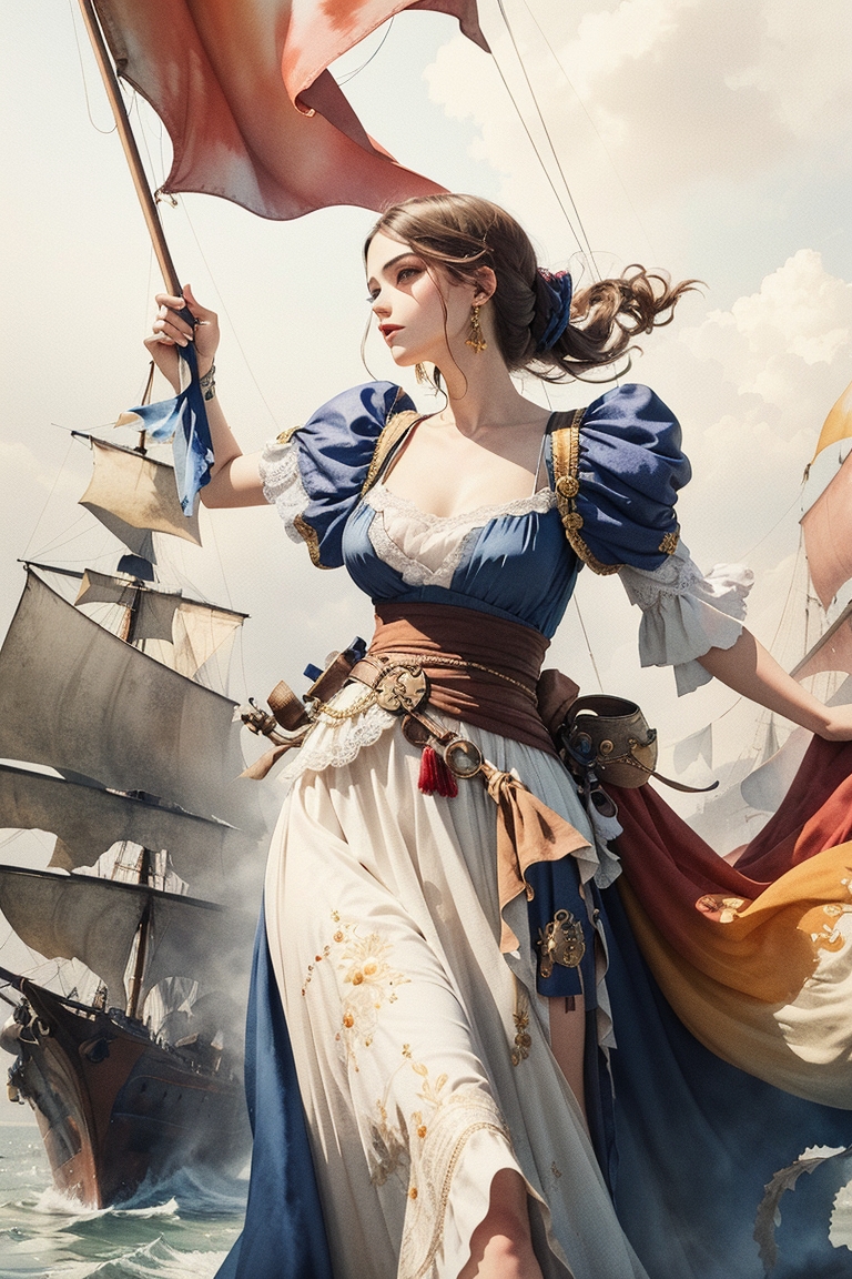 DreamShaper v6 woman long dress pirate flag ship war watercolo 2