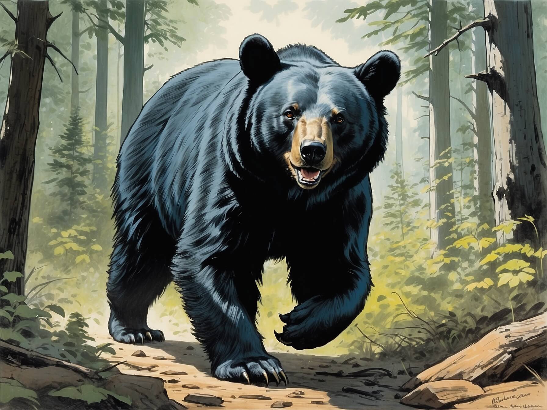 art by Neal Adams AlbedoBase XL Illustrate an American black bear walking throug 1 (1)